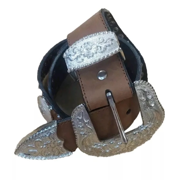 Nocona Hair On Hide Leather Belt  Conchos Rhinestone Bling Brown Woman M Western